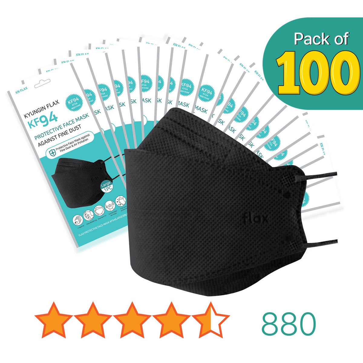 [100PCS] KN Flax KF94 BLK Mask | Made in Korea | FDA Registered - KN FLAX