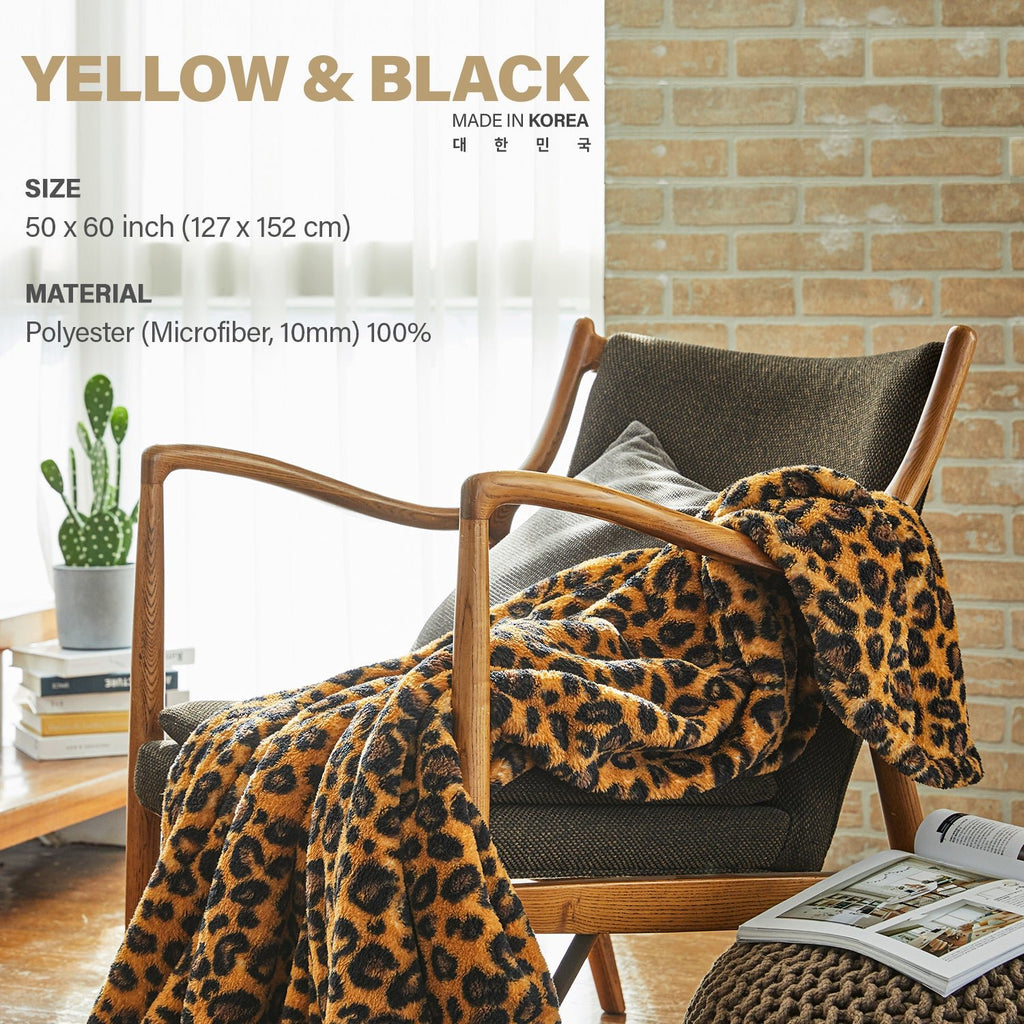 [Made in Korea] Leopard Sherpa Throw Blanket - Yellow & Black - KN FLAX